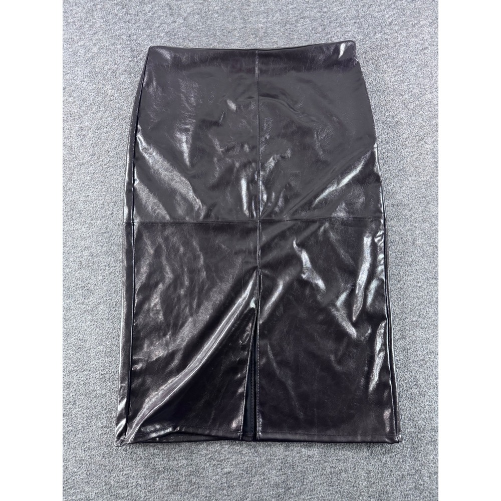 A New Day Womens Faux Leather Midi Skirt Brown High Waist Front Slit Size 10